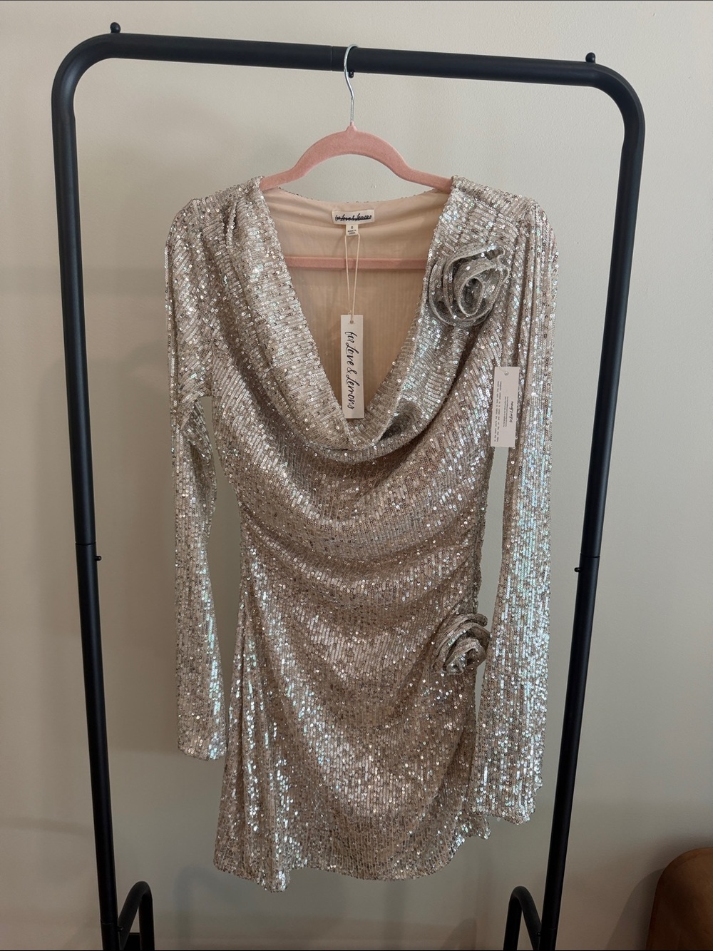 For Love And Lemons Silver Sequin Long Sleeve Mini Dress with Rosette Accents